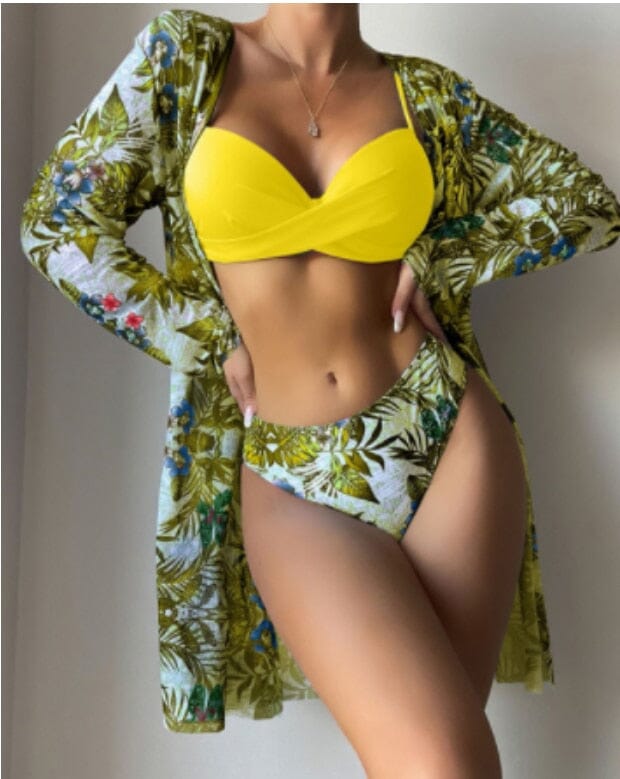 Conjunto Moda Praia Biquíni + Saída Grátis 0 loja Zene Amarelo e Verde P 